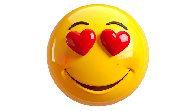 Heart-eyes emoji isolated on white background, yellow smiling face with hearts for eyes, love and affection illustration, expressive emoticon for messaging, cute emoji design.