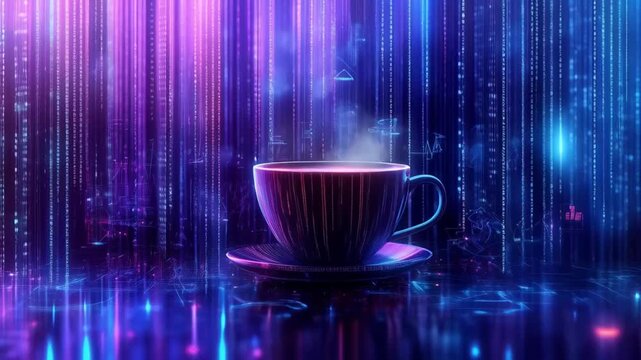 Steaming coffee cup on reflective surface with colorful light effects  