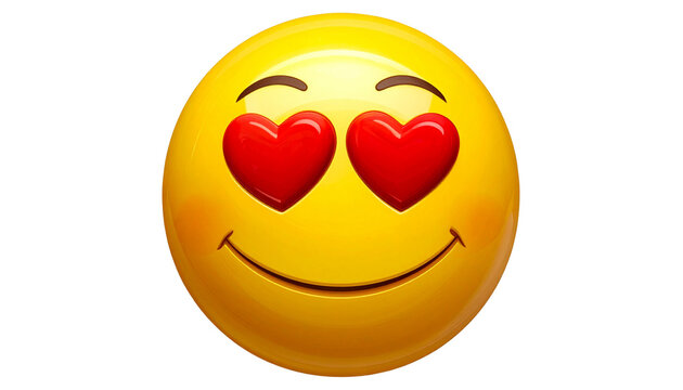 Heart-eyes emoji isolated on white background, yellow smiling face with hearts for eyes, love and affection illustration, expressive emoticon for messaging, cute emoji design.