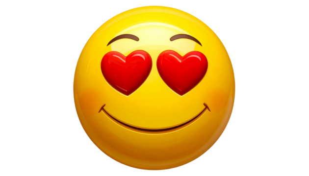Heart-eyes emoji isolated on white background, yellow smiling face with hearts for eyes, love and affection illustration, expressive emoticon for messaging, cute emoji design.