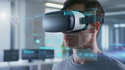 Young man wearing a virtual reality headset, completely immersed in a futuristic augmented reality interface with holographic data charts and graphs - Powered by Adobe