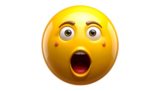 Shock face emoji isolated on white background, surprised yellow smiley icon, expressive emoticon for messaging, astonished digital emoji, fun and dramatic reaction illustration.