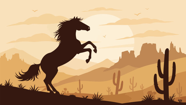 Majestic horse rearing in the desert against a backdrop of mountains, cacti, and a setting sun, perfect for nature, travel, or western-themed designs