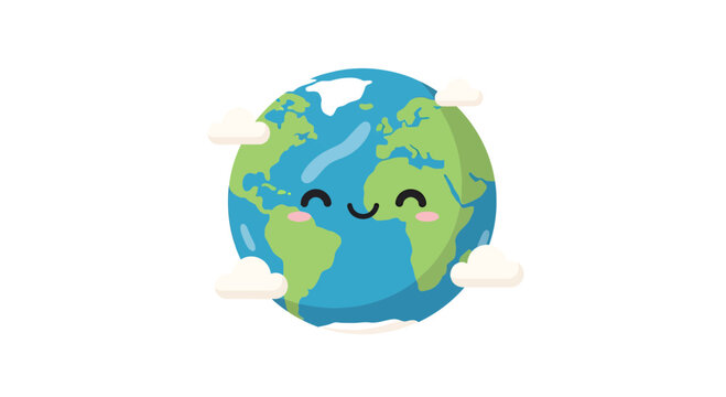 Happy earth illustration with a cute smiling face floating among fluffy clouds