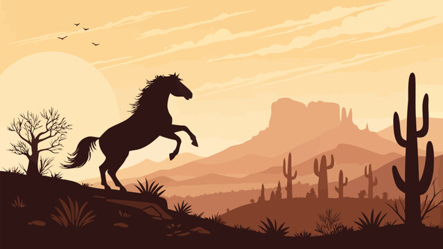 Stunning desert scene with majestic rearing horse silhouette, capturing the wild west spirit with cacti and mountains, symbolizing freedom and adventure