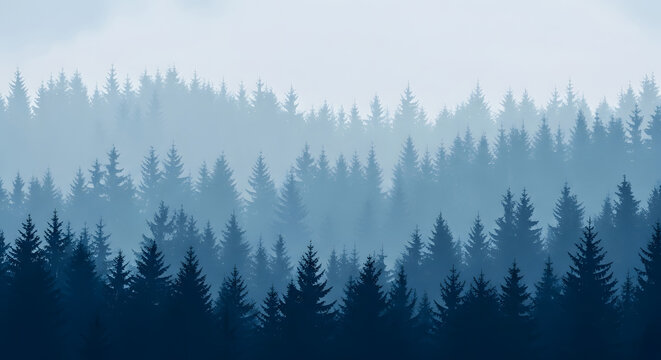 Beautiful pine tree forest with dense fog in early morning nature scene artwork
