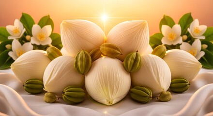 Fototapeta premium White lotus buds and green cardamom pods with jasmine flowers image