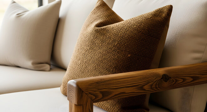Textured brown pillow on neutral sofa with wooden armrest cushion couch