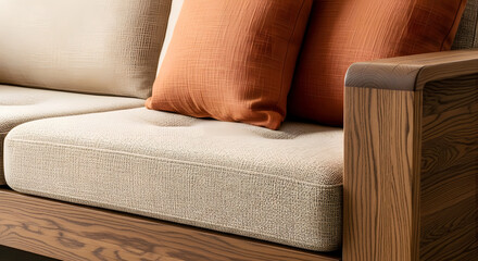Beige sofa with orange cushions and wooden frame detail couch pillows