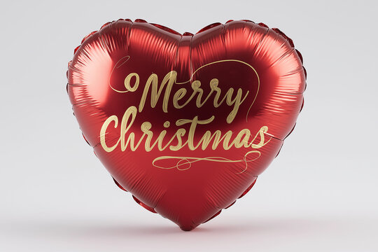 "Merry Christmas" Golden Calligraphy on Red Heart-Shaped Foil Balloon Isolated on White Background - Powered by Adobe