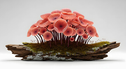 Cluster of pink cup mushrooms growing on mossy driftwood fungi