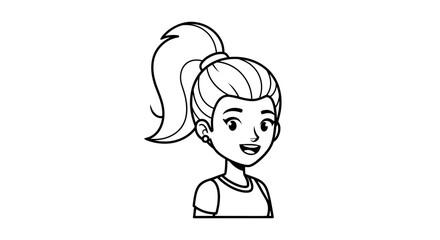 Monochrome line drawing illustration of a youthful cartoon female character