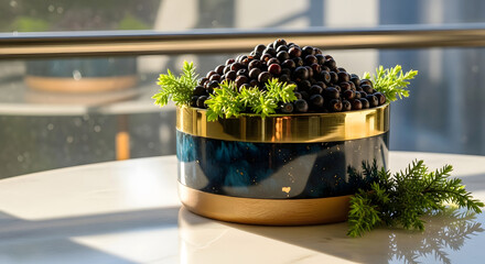 Dark berries in decorative pot with green sprigs on white table blueberries fruit