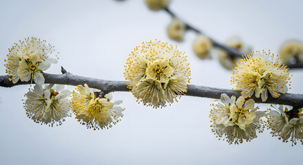 Delicate white and yellow plum blossoms on a dark branch white flower yellow stamen
