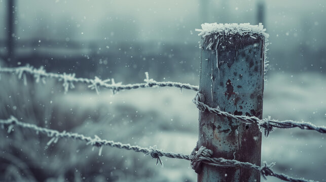 Frozen barbed wire fence post with snow in a winter landscape