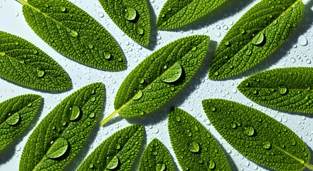Green Sage Leaves with Water Droplets Close Up image
