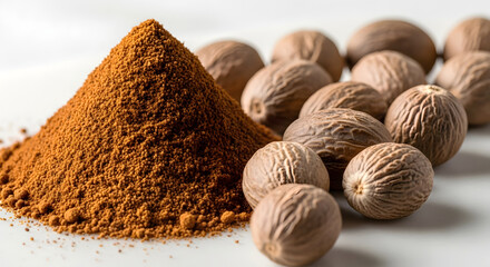 Ground Nutmeg Spice Pile and Whole Nutmeg Seeds ground spice