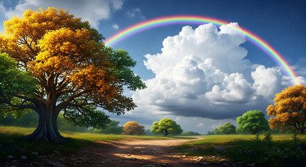 Lush green and golden trees under a vibrant rainbow and fluffy clouds landscape nature