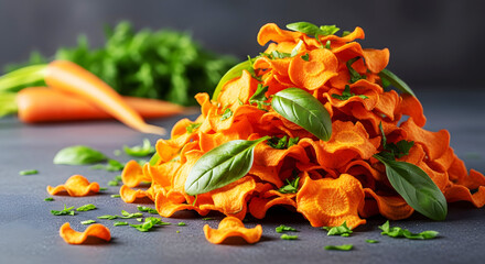 Orange carrot chips piled high with fresh green basil and parsley sweet potato chips