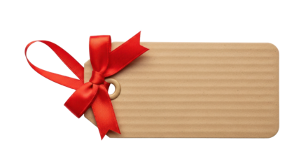 A red ribbon tied to a blank gift tag on a white background.