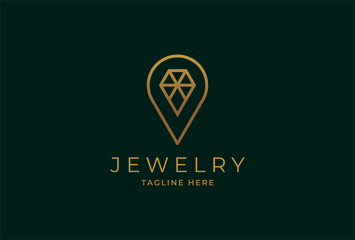 Diamond Jewelry Loation logo, Pin Location with diamond combination, usable for branding and business logos, Flat Logo Design Template, vector illustration