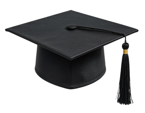 Classic Black Graduation Cap with Tassel Hanging Down, Front View, PNG Isolated