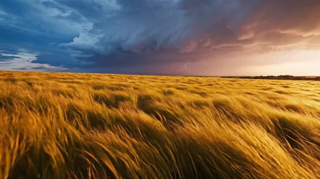 Golden field under dramatic sunset sky