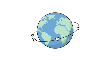 Stylized illustration of earth encircled by a love and star adorned path conveying global connection