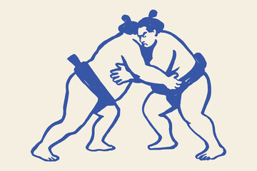 Sumo wrestlers fight hand drawn line art vector illustration