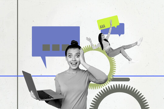 Trendy art creative full zine photo collage of happy girl guy stand bubble communication chat notification dialogue talk