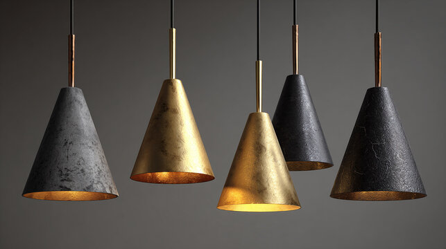 A modern interior design with pendant lamps. The cone-shaped lamps are a mix of metallic finishes, creating a stylish lighting display