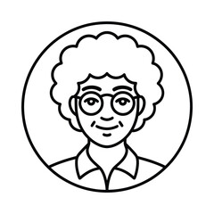 Simple line drawing portrait of a smiling elderly woman with glasses