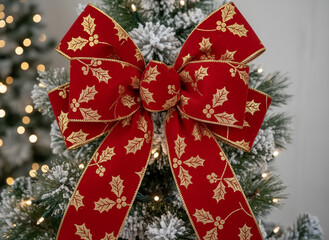 A bold red bow with glittering gold holly motifs is placed neatly on frosted greenery, creating a warm and festive display.