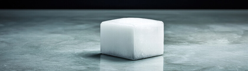 Fototapeta premium Chilled white ice block on reflective surface, cold minimal studio still life, single frozen cube, soft lighting, crisp texture