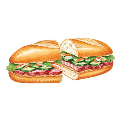 Delicious Banh Mi Sandwich Cut in Half Illustration.