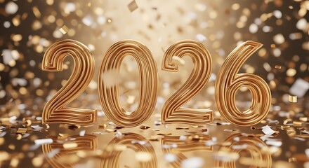Golden 2026 New Year celebration with confetti and festive background