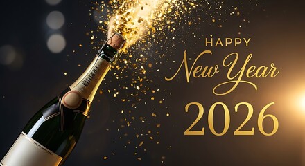 Happy New Year 2026 celebration with champagne bottle and confetti