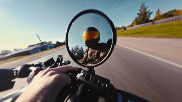 Fast motorcycle ride through green forest road with helmet visor and adventure mood
