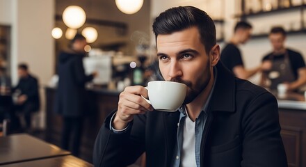 Handsome man enjoying coffee in a cafe, taking a moment to relax and savor the moment