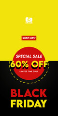 Vertical Black Friday banner design. Price promo template, big offer, marketing