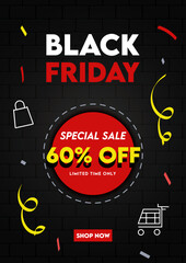 Black Friday event poster design. Template with bag icon, trolley icon, confetti for big discount promo