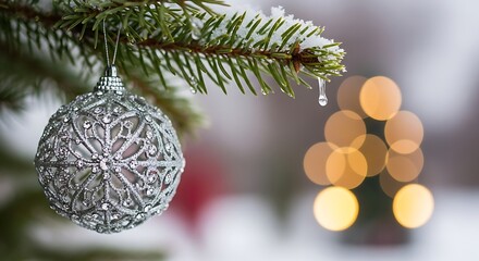 Elegant silver Christmas ornament hanging on a snowy evergreen branch