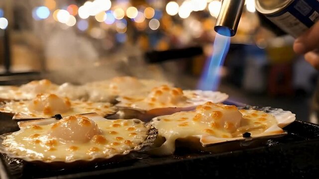 Torching Cheese on Grilled Scallops at Asian Night Market Street Food Stall
