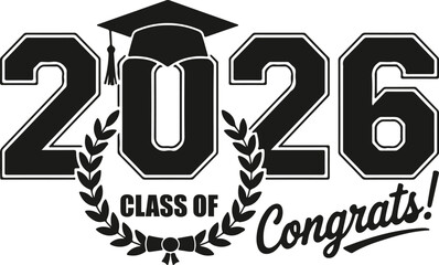 Class of 2026 design features graduation cap, laurel wreath, and script congratulatory text