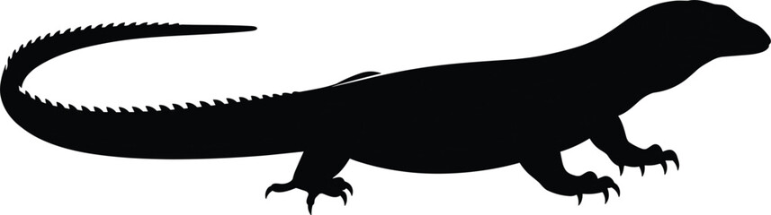 Komodo dragon silhouette, monitor lizard vector, large reptile illustration, black animal shape, isolated side view, predator.