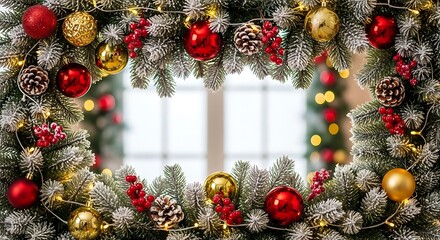 Festive Christmas wreath with ornaments, pinecones, and lights, holiday decor