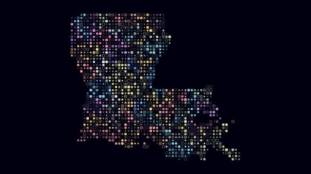 Louisiana animation. Shape of the state with pulsating colored dots. Small size rounded square blocks. Digital style map on dark background. Vibrant video.
