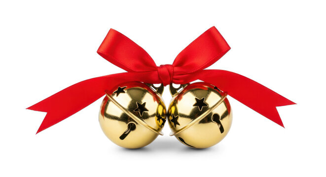 Two gold jingle bells with red ribbons tied around them, against a white background.