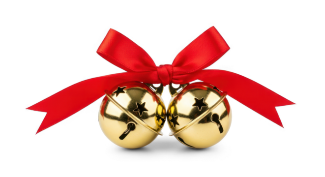 Two gold jingle bells with red ribbons tied around them, against a white background.