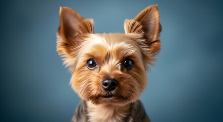 Adorable Yorkshire Terrier portrait against a soft blue background